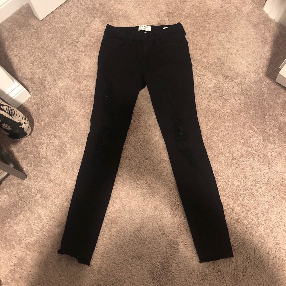 Frame Denim Black Distressed Skinny Jeans